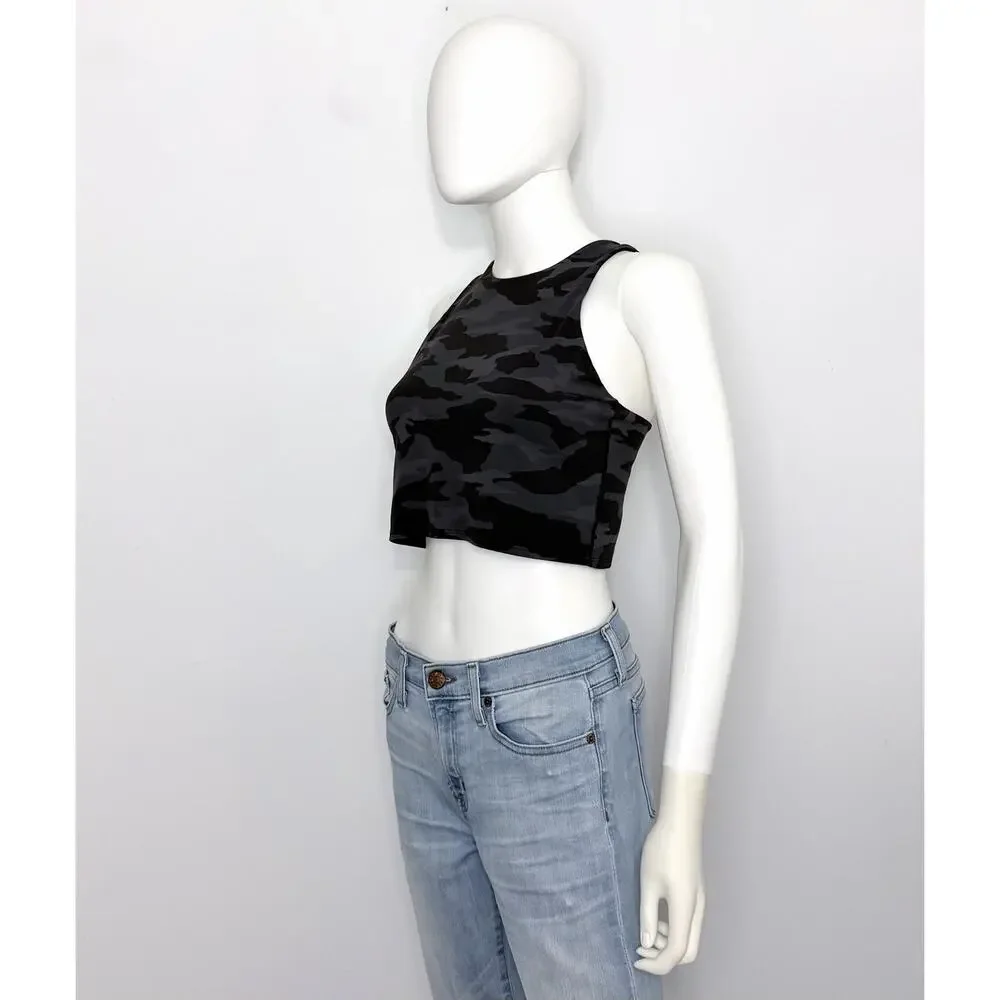 Athleta Conscious Crop Top Bra Women M Black Gray Camo Racerback Logo